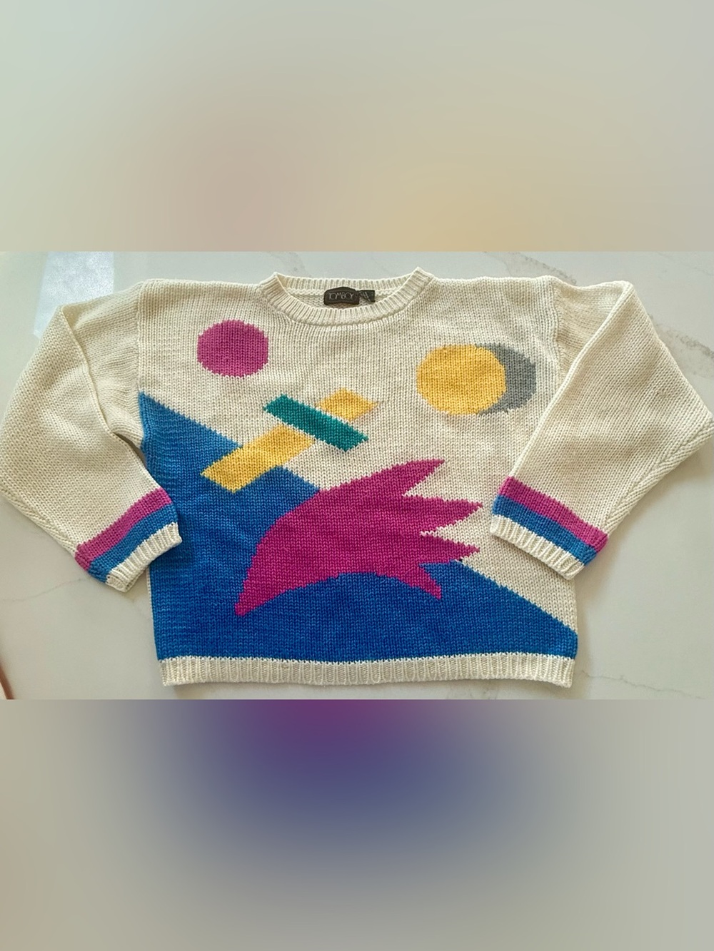 Vintage 80s Tomboy M Wool Blend Sweater Geometric Memphis Colorblock Hong Kong